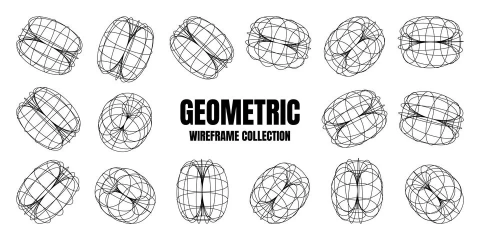 Wireframe lined shapes. Perspective mesh, 3d grid. Low poly geometric elements Stock Illustration