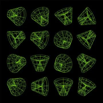 Wireframe lined shapes. Perspective mesh, 3d grid. Low poly geometric elements Stock Illustration