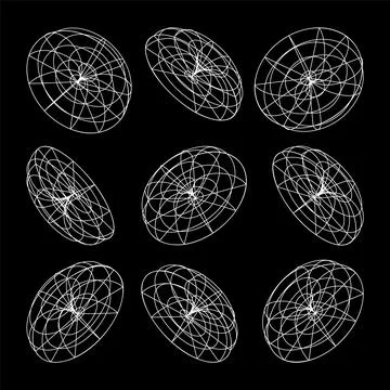 Wireframe lined shapes. Perspective mesh, 3d grid. Low poly geometric elements Stock Illustration