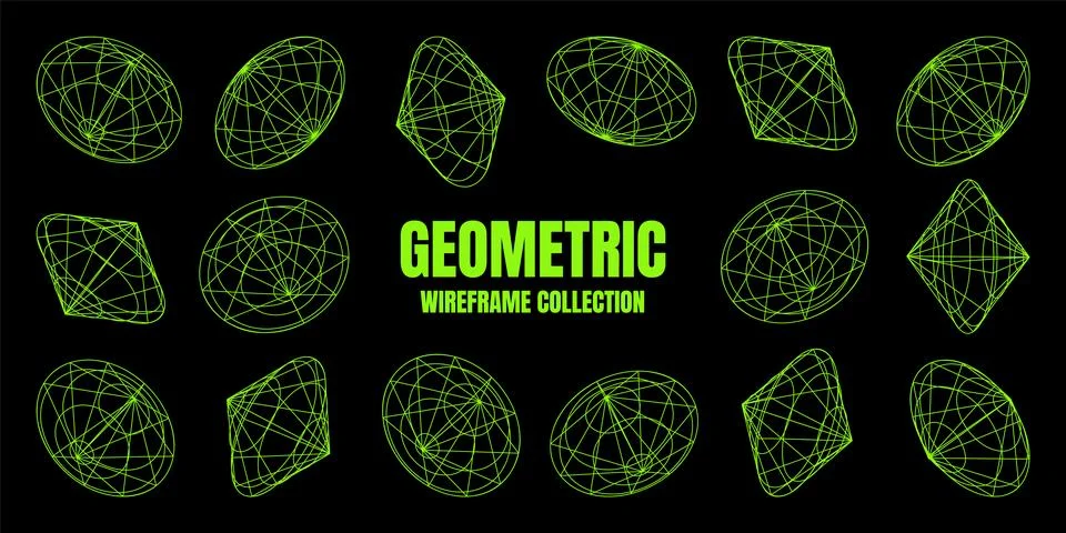 Wireframe lined shapes. Perspective mesh, 3d grid. Low poly geometric elements Stock Illustration