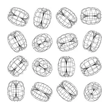 Wireframe lined shapes. Perspective mesh, 3d grid. Low poly geometric elements Stock Illustration