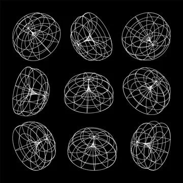 Wireframe lined shapes. Perspective mesh, 3d grid. Low poly geometric elements Stock Illustration