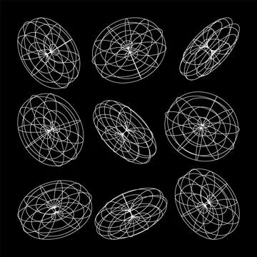 Wireframe lined shapes. Perspective mesh, 3d grid. Low poly geometric elements 스톡 일러스트