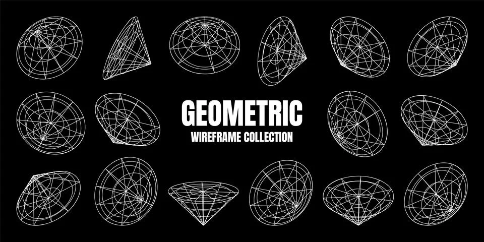 Wireframe lined shapes. Perspective mesh, 3d grid. Low poly geometric elements Stock Illustration