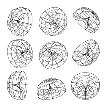 Wireframe lined shapes. Perspective mesh, 3d grid. Low poly geometric elements Stock Illustration