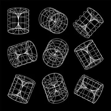 Wireframe lined shapes. Perspective mesh, 3d grid. Low poly geometric elements Stock Illustration