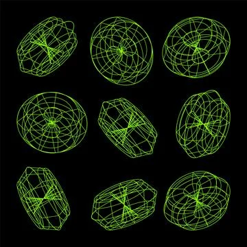 Wireframe lined shapes. Perspective mesh, 3d grid. Low poly geometric elements Stock Illustration