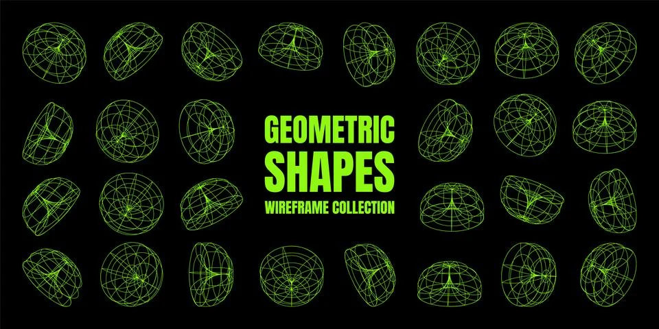 Wireframe lined shapes. Perspective mesh, 3d grid. Low poly geometric elements Stock Illustration