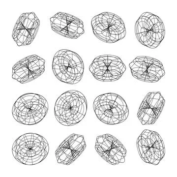 Wireframe lined shapes. Perspective mesh, 3d grid. Low poly geometric elements 스톡 일러스트