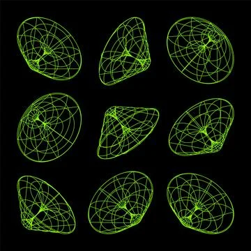 Wireframe lined shapes. Perspective mesh, 3d grid. Low poly geometric elements Illustrazione stock