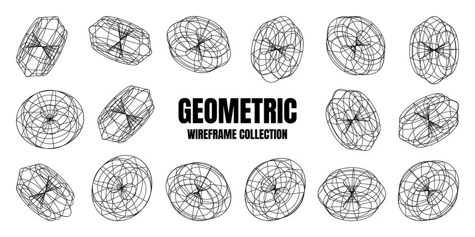 Wireframe lined shapes. Perspective mesh, 3d grid. Low poly geometric elements Illustrazione stock