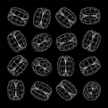 Wireframe lined shapes. Perspective mesh, 3d grid. Low poly geometric elements 스톡 일러스트