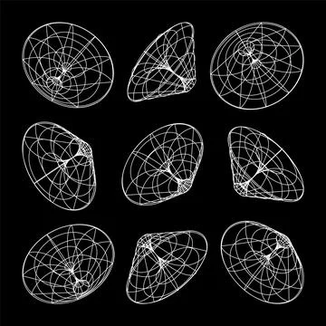 Wireframe lined shapes. Perspective mesh, 3d grid. Low poly geometric elements Stock Illustration