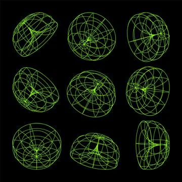 Wireframe lined shapes. Perspective mesh, 3d grid. Low poly geometric elements Illustrazione stock
