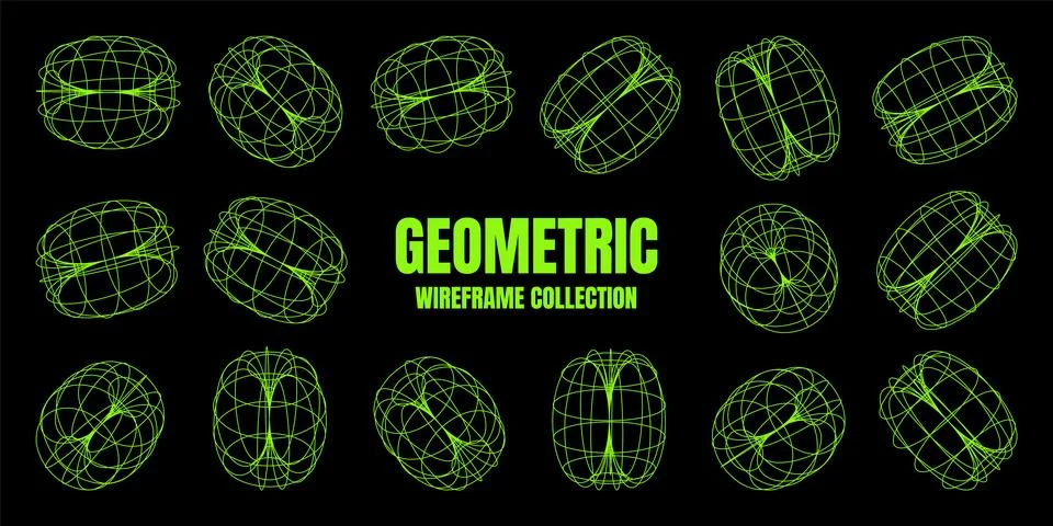 Wireframe lined shapes. Perspective mesh, 3d grid. Low poly geometric elements 스톡 일러스트