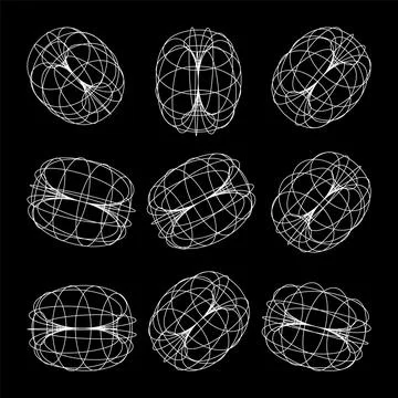 Wireframe lined shapes. Perspective mesh, 3d grid. Low poly geometric elements Illustrazione stock