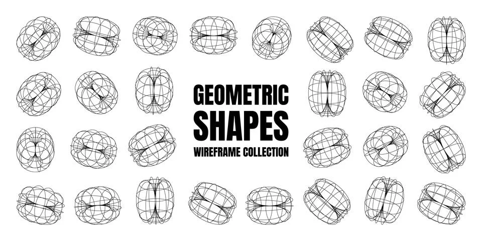 Wireframe lined shapes. Perspective mesh, 3d grid. Low poly geometric elements 스톡 일러스트