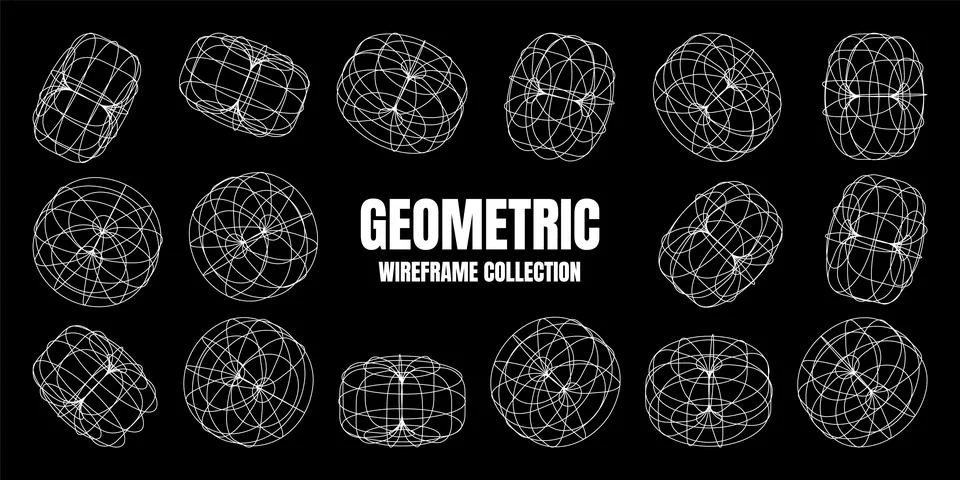 Wireframe lined shapes. Perspective mesh, 3d grid. Low poly geometric elements 스톡 일러스트