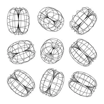 Wireframe lined shapes. Perspective mesh, 3d grid. Low poly geometric elements Stock Illustration