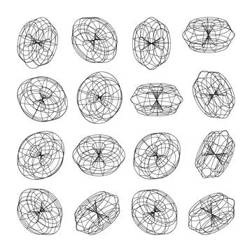 Wireframe lined shapes. Perspective mesh, 3d grid. Low poly geometric elements Illustrazione stock