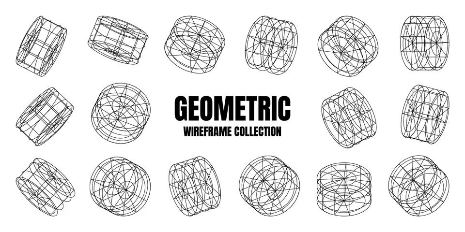 Wireframe lined shapes. Perspective mesh, 3d grid. Low poly geometric elements Illustrazione stock