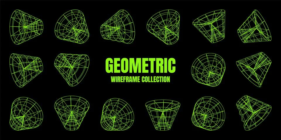 Wireframe lined shapes. Perspective mesh, 3d grid. Low poly geometric elements Stock Illustration