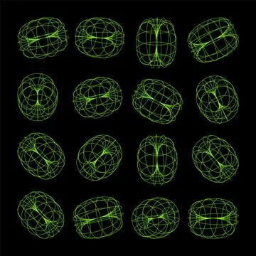 Wireframe lined shapes. Perspective mesh, 3d grid. Low poly geometric elements Stock Illustration