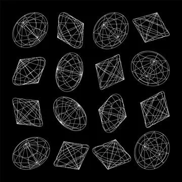 Wireframe lined shapes. Perspective mesh, 3d grid. Low poly geometric elements Stock Illustration