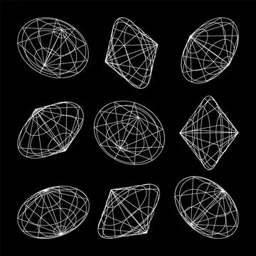 Wireframe lined shapes. Perspective mesh, 3d grid. Low poly geometric elements 스톡 일러스트