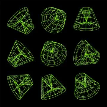 Wireframe lined shapes. Perspective mesh, 3d grid. Low poly geometric elements Illustrazione stock
