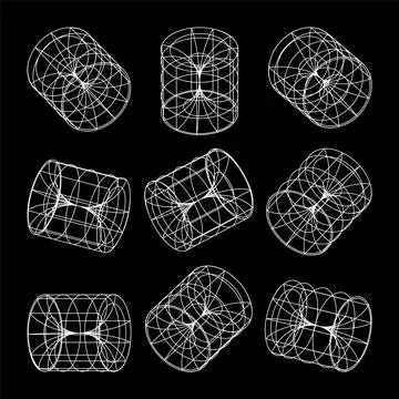 Wireframe lined shapes. Perspective mesh, 3d grid. Low poly geometric elements Illustrazione stock