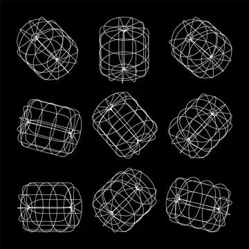 Wireframe lined shapes. Perspective mesh, 3d grid. Low poly geometric elements Stock Illustration
