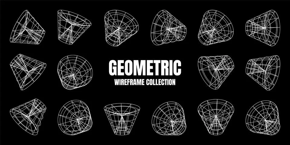 Wireframe lined shapes. Perspective mesh, 3d grid. Low poly geometric elements Stock Illustration