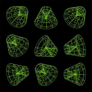 Wireframe lined shapes. Perspective mesh, 3d grid. Low poly geometric elements Illustrazione stock