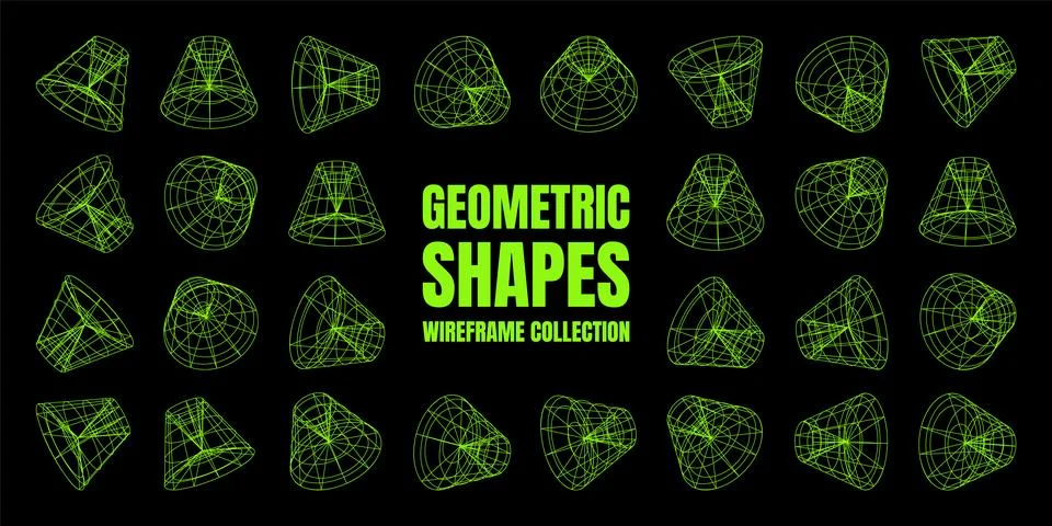 Wireframe lined shapes. Perspective mesh, 3d grid. Low poly geometric elements Stock Illustration