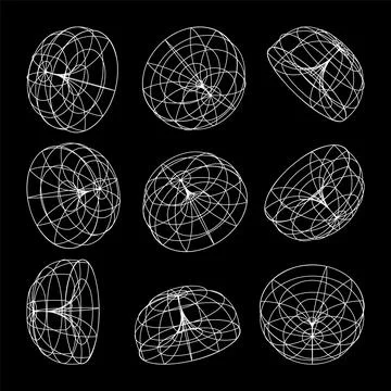 Wireframe lined shapes. Perspective mesh, 3d grid. Low poly geometric elements Stock Illustration