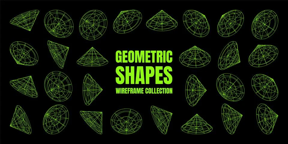 Wireframe lined shapes. Perspective mesh, 3d grid. Low poly geometric elements Illustrazione stock