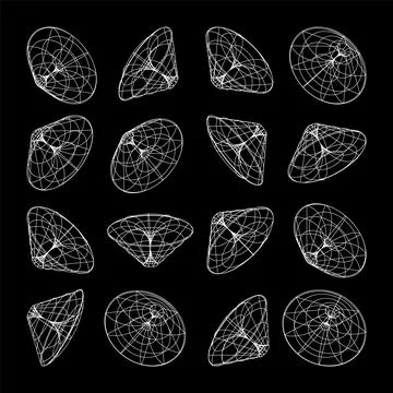 Wireframe lined shapes. Perspective mesh, 3d grid. Low poly geometric elements Illustrazione stock
