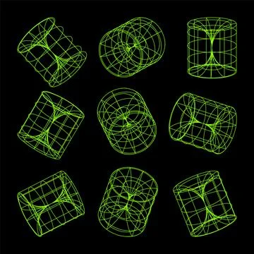 Wireframe lined shapes. Perspective mesh, 3d grid. Low poly geometric elements Stock Illustration