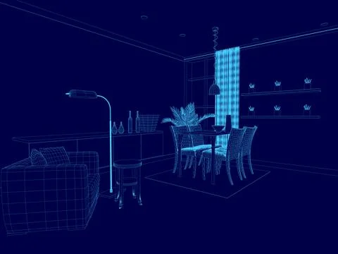 Wireframe Living room interior. Comfortable sofa, TV, window, chair and house Stock Illustration