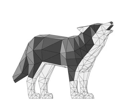 Wireframe low poly howling wolf, 3d render Stock Illustration