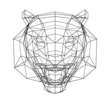 Wireframe low poly tiger head in full face, sketch tiger, 3d rendering Stock Illustration