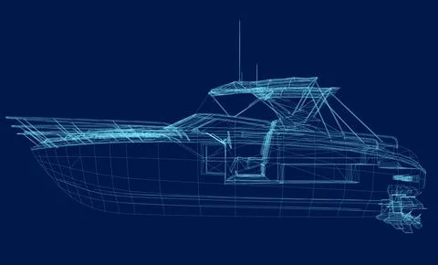 Wireframe Luxury speedboat semi flat vector illustration. Fast boat for cruise. Stock Illustration