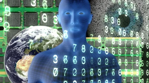 Wireframe man, computer chips and Earth with binary code and numbers. Vídeos de archivo 42524856