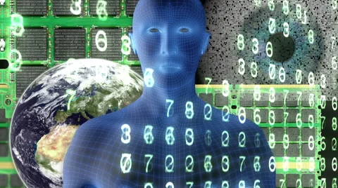 Wireframe man, computer chips and Earth with binary code and numbers. Video stock 42526886