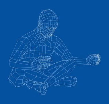 Wireframe man relaxing in lotus position. 3d illustration Illustrazione stock