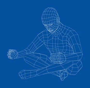 Wireframe man relaxing in lotus position. 3d illustration Stock-Illustration