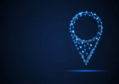 Wireframe map pin location line and dots abstract blue vector icon. Illustrazione stock