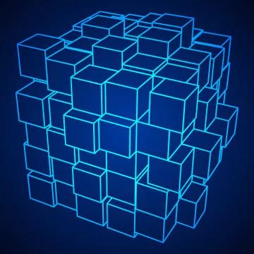 Wireframe Mesh Cube. 스톡 일러스트
