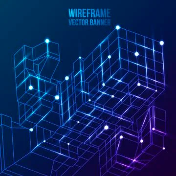 Wireframe Mesh Cubes. Connected dots and lines. Illustrazione stock